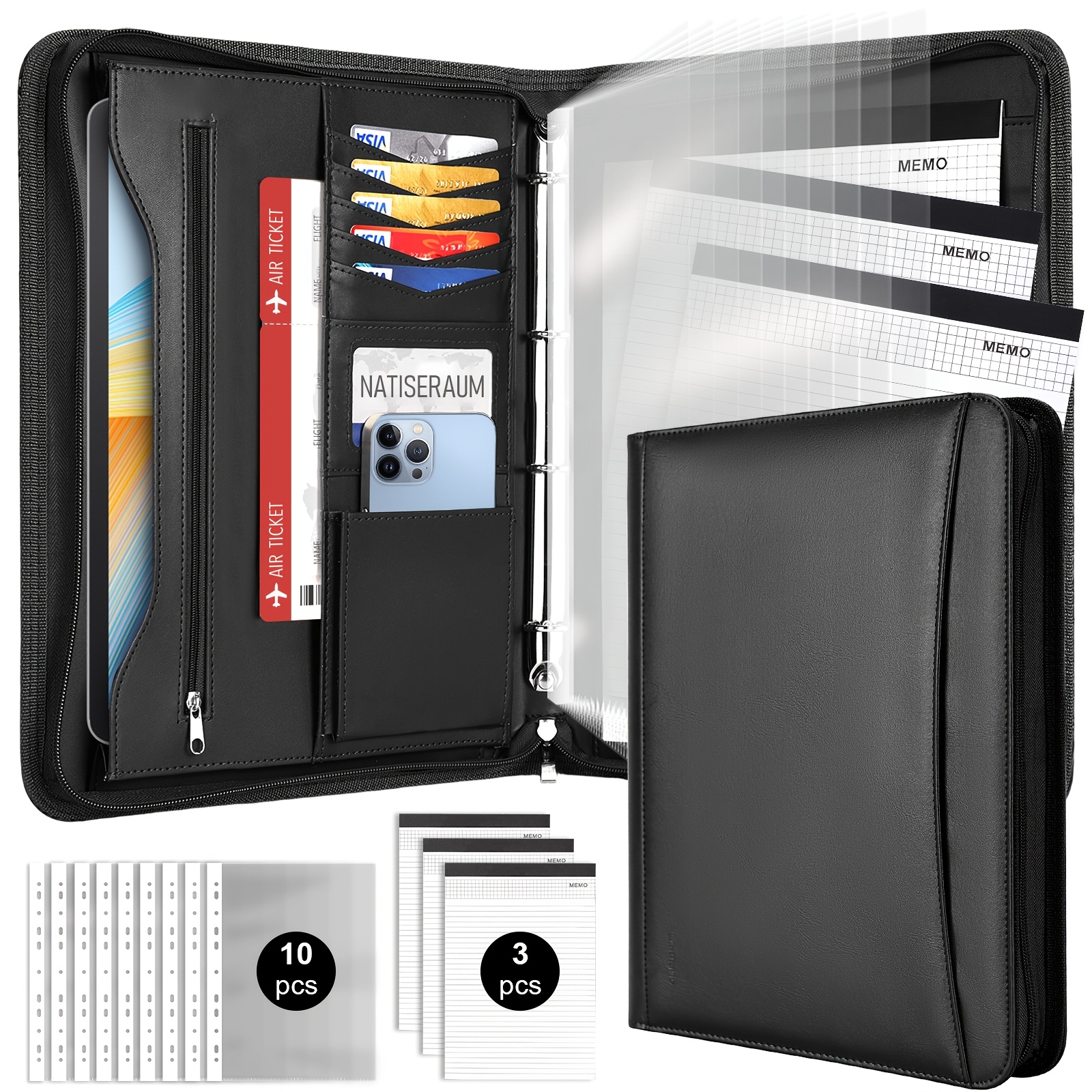 Image of Leathario A4 Folder, Containing 10 File Kits And 3 Notebooks, Meeting Folder, Zipper File Storage Box, Suitable For Business, Meeting And Travel Folders, Perfect For Gifting, Local Warehouse