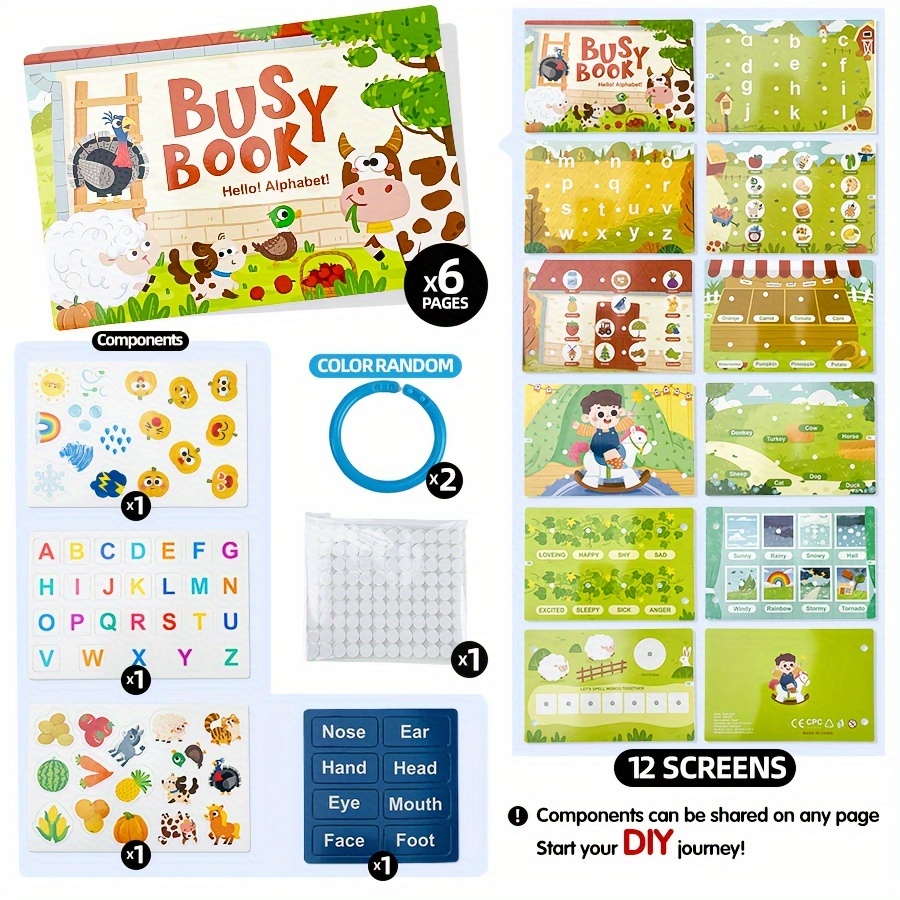 Image of Busy Book For - Educational Toy With Multiple Themes, Tear-off Stickers For Cognitive Development, & Hand-eye Coordination, Featuring Animal And Fruit Puzzles In English And Spanish, Learning Toys