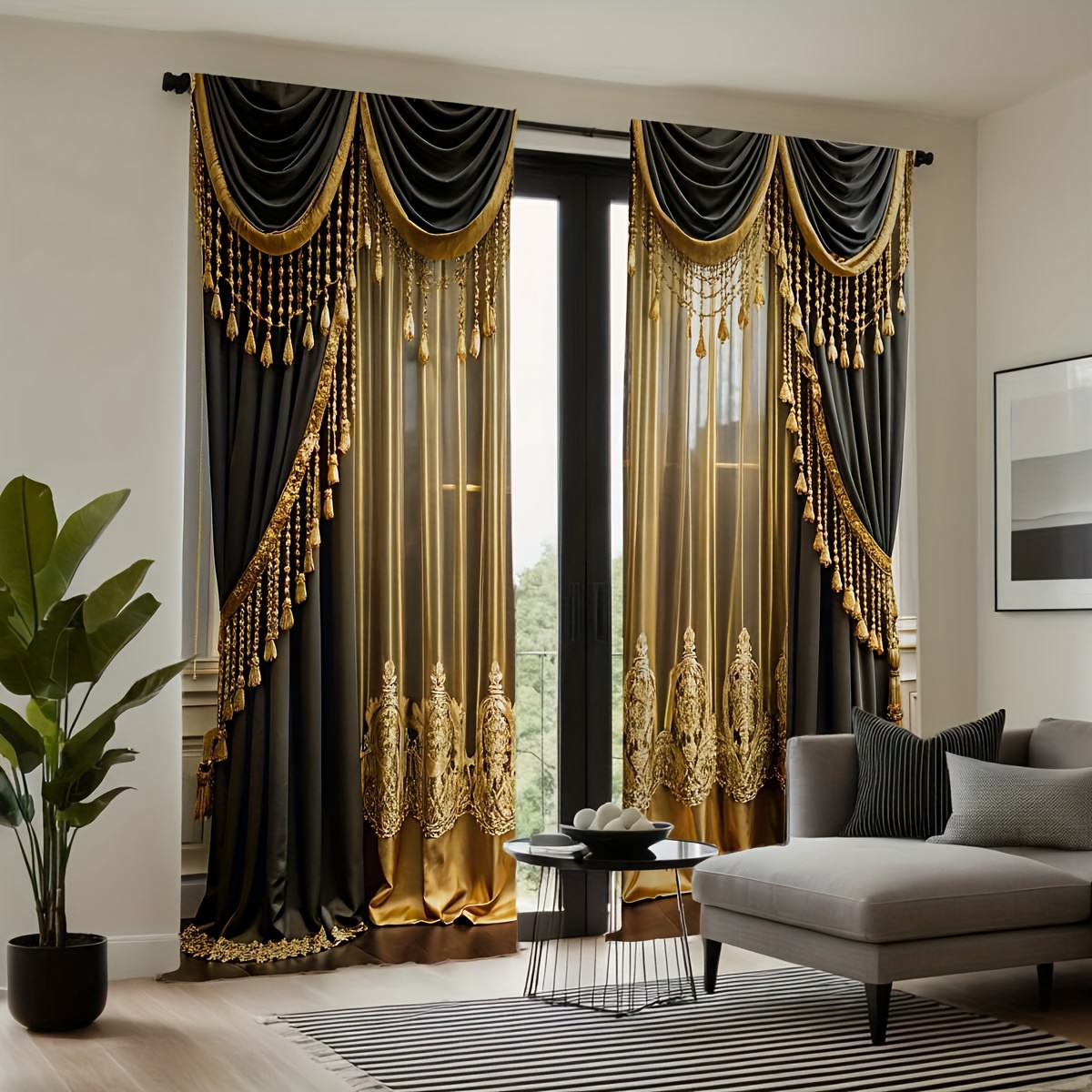 TEMU Luxury Flannel Window Drapes - 2 Panel Set, Classic Weave, Machine Washable, Semi-sheer , Polyester 100%, Rod Pocket Hanging, Decorative Print For Bedroom And Living Room