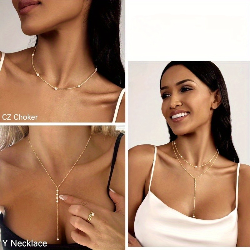 Women's Dainty Long Layered CZ Beaded Bar Chain Necklace
