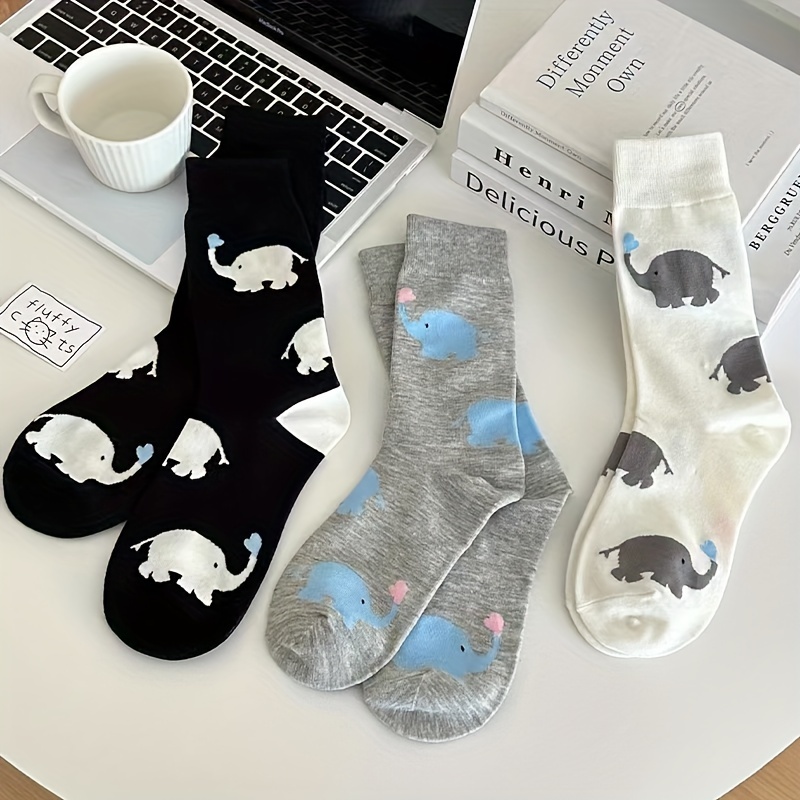 

3 Pairs Cartoon Elephant Socks, Cute College Style Mid Tube Socks, Women's Stockings & Hosiery For Fall