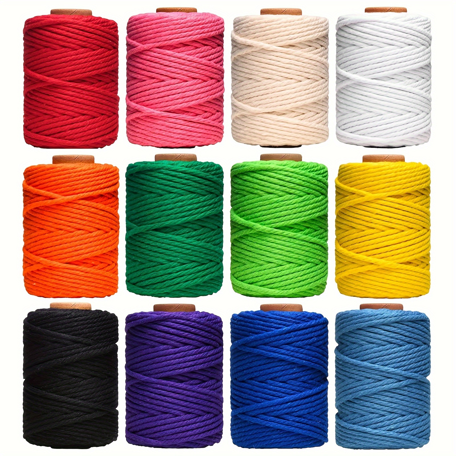 

12-piece Multicolor Cotton Macrame Cord, 3mm X 396 Yards Each - Durable 4-strand Twine For Diy Crafts, Wall Hangings, Plant Hangers & Gift Wrapping