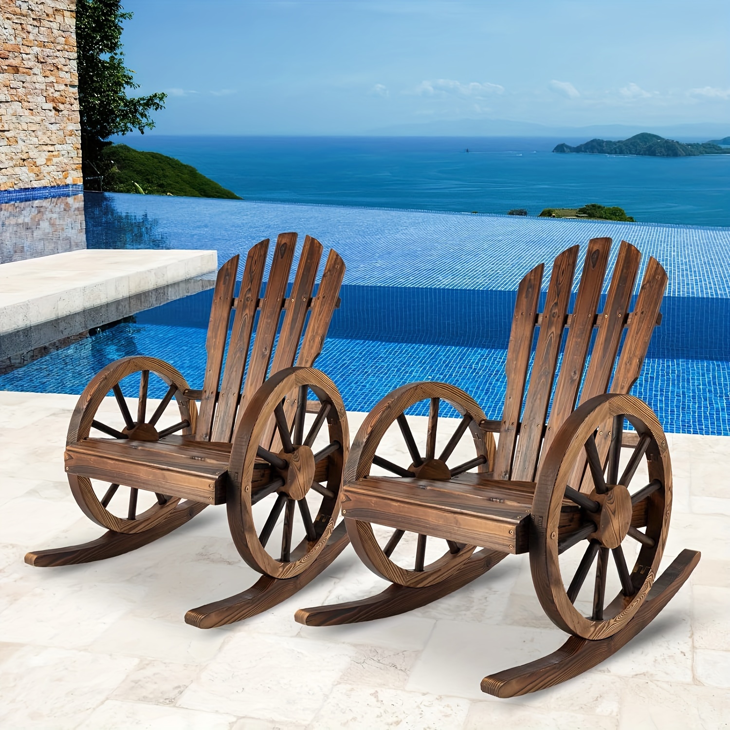 Outdoor Wood Rocking Chair Set Of 2 - Patio Wagon Wheel Rocking Chair 2pcs, Rustic Rocker Single Chairs for Country, Yard, Porch