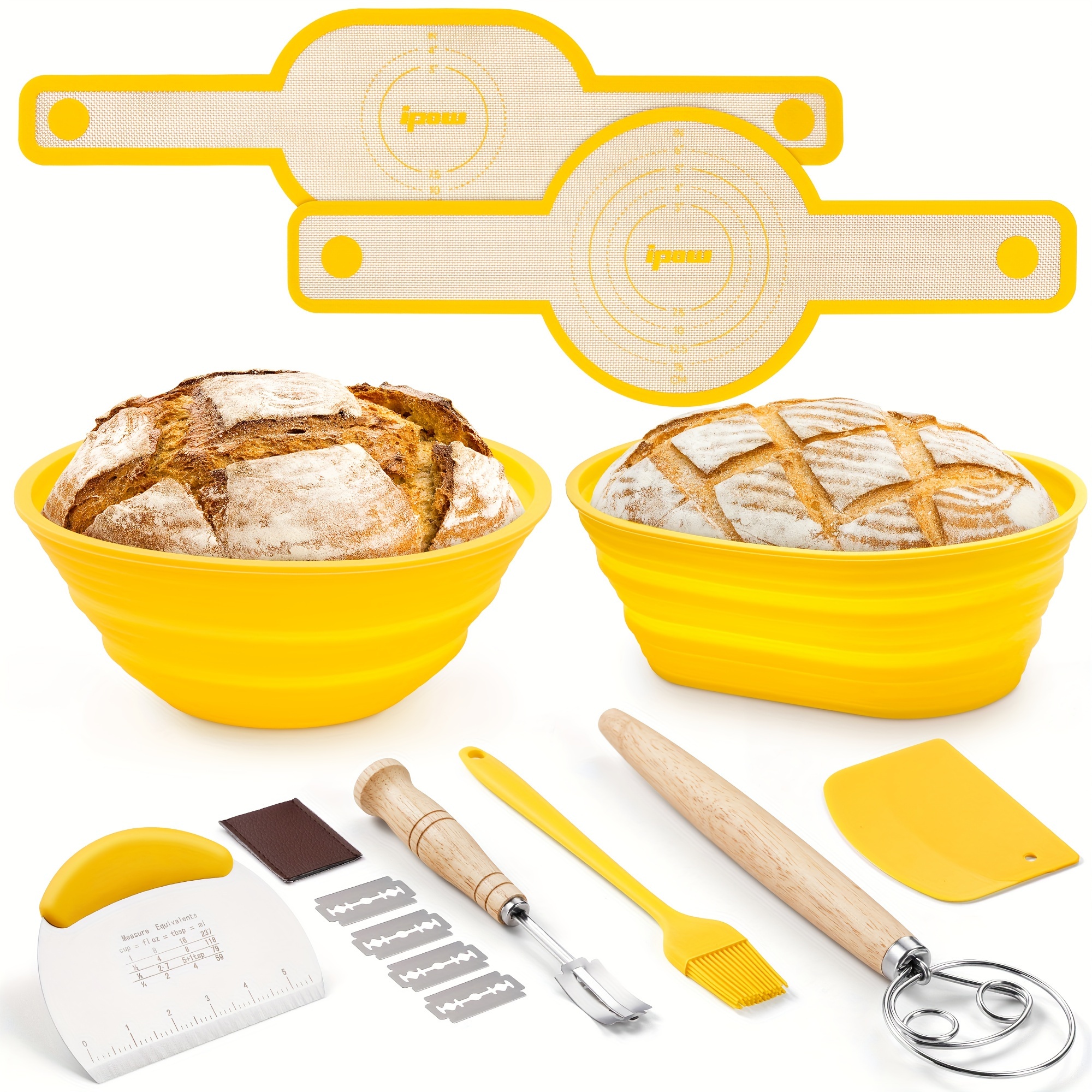 

15pcs/set Bread Proofing Basket With 9" Round & 10" Oval Bannetons, Round & Oval Silicone Mat, Bread Lame, Danish Whisk, Silicone Brush, Bowl & Dough Scrapers