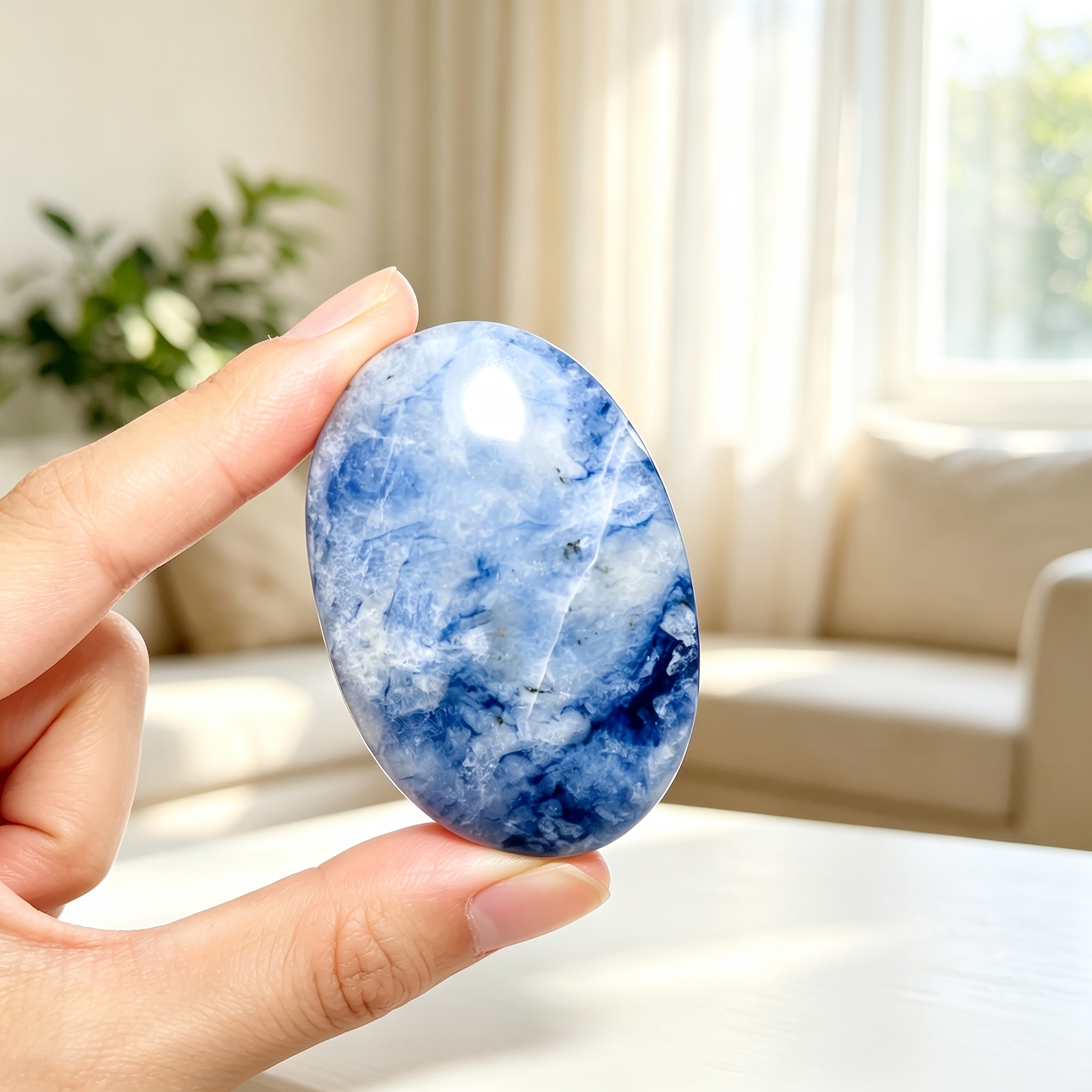 Random Polished Smooth Sodalite Palm Stone, Natural Blue White Decor