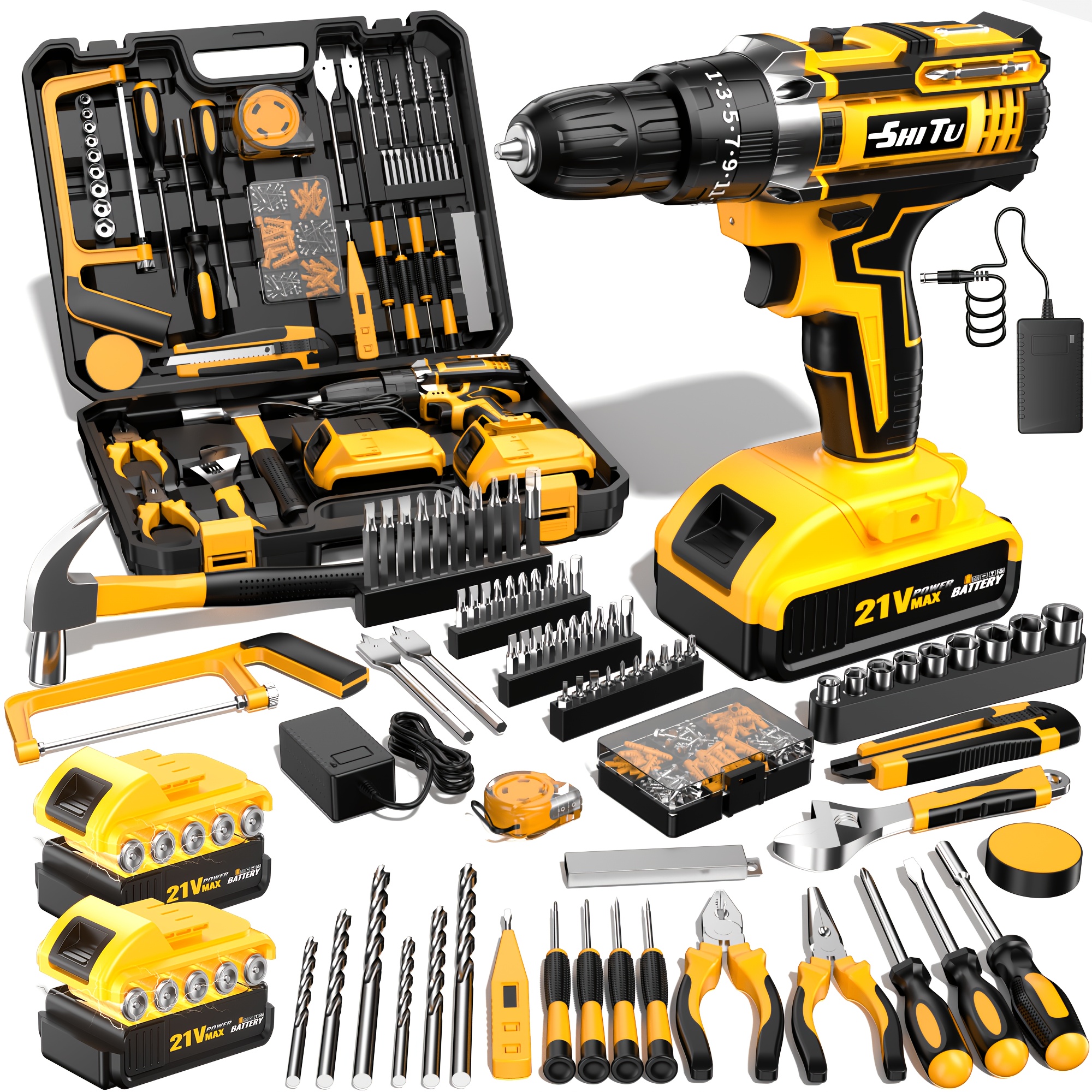 2026 21v cordless drill with tool box fast charge rechargeable electric drill set with 1 2 batteries portable drill driver kit with hand tools bits for     gifts for dad and men   accessories