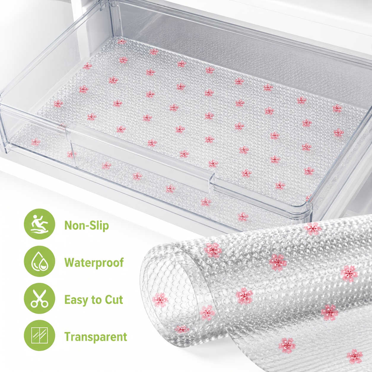 TEMU 5pcs/6pcs, Alfombrillas transparentes para cajones de refrigerador con diseño de rosa, almohadillas impermeables y antideslizantes para estantes