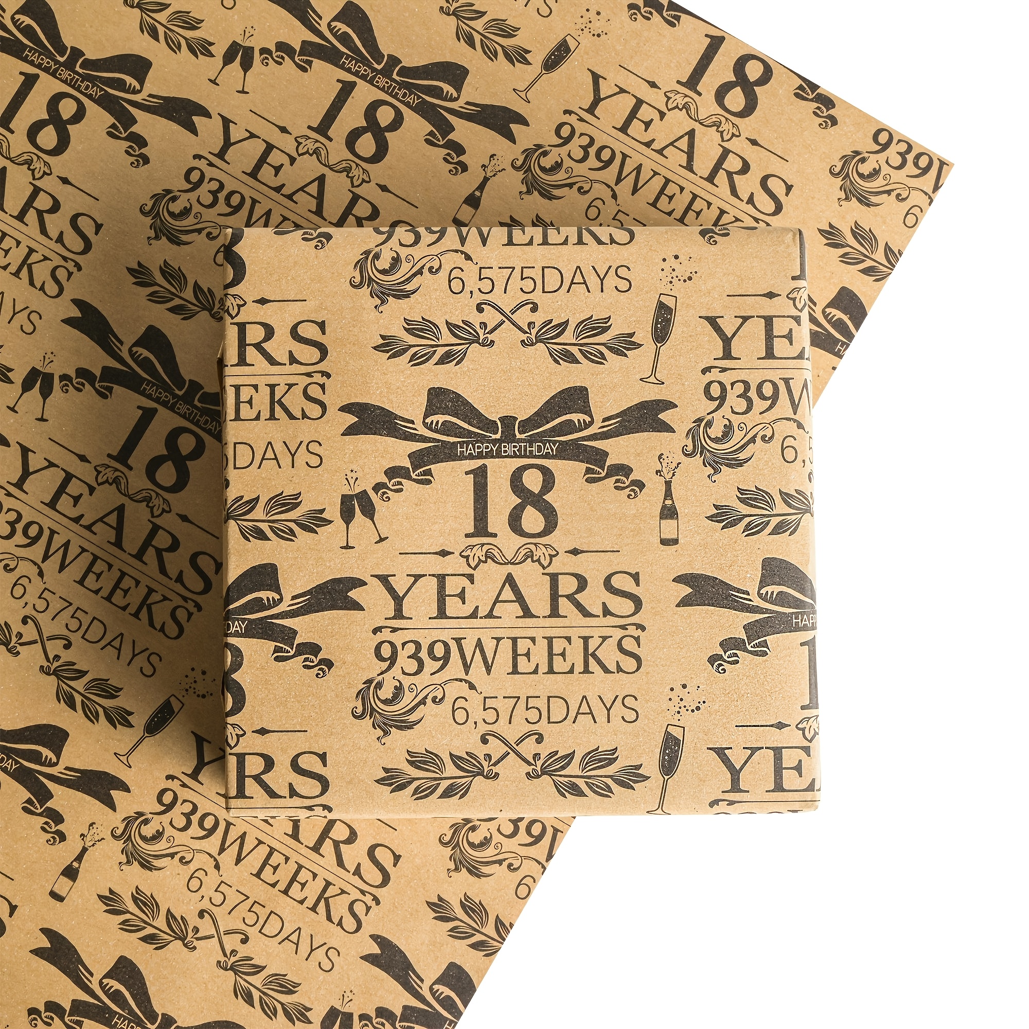 Image of 1 Roll Vintage Paper, 18th Birthday Themed Wrapping Paper, Black Printed Design, For Birthday Party Holiday Gift Box Decoration And Packaging - 43cm*300cm, 17 Inches*118 Inches