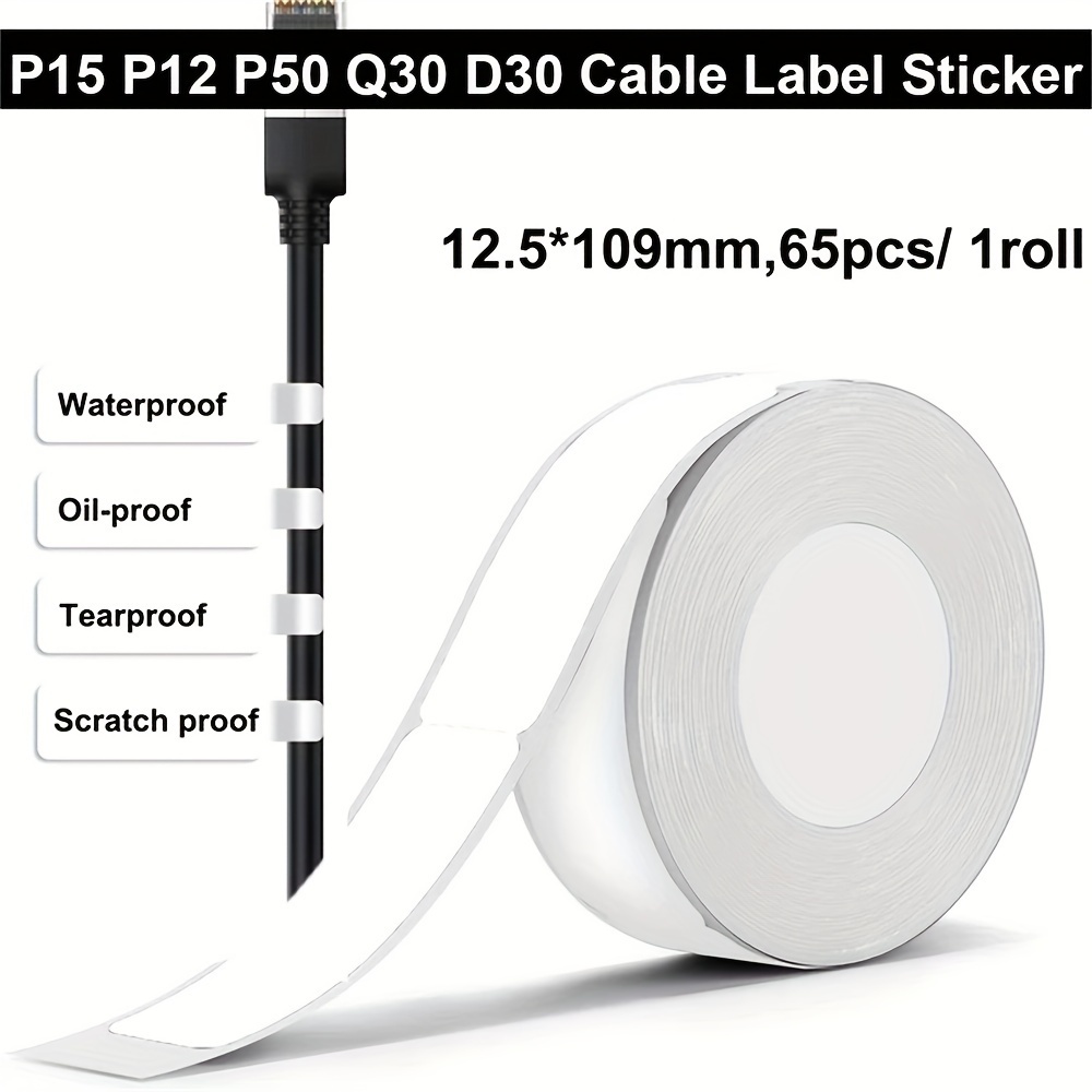 Image of 1 Roll 12.5*74+ - 65 Sheets Cable Labels Suitable For P12 P15 Thermal Label Stickers Compatible With D30 Q30 Marklife P11 P50 L12 Q2 Labeling Machine