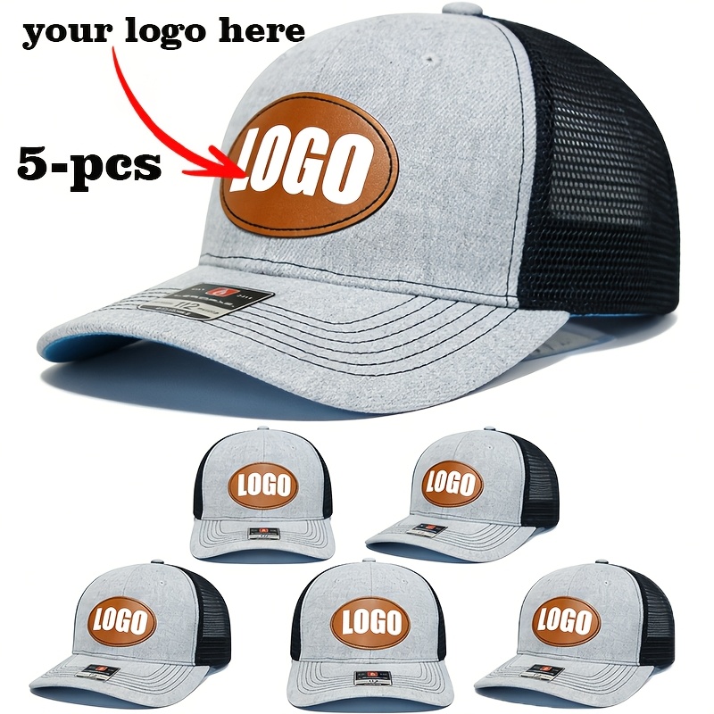 TEMU 5pcs Set Of Tan Oval-logo Mesh Baseball Caps, Customizable With Logos/patterns/text/photos. Men's Outdoor Trucker Hats With Snap-back Adjustable