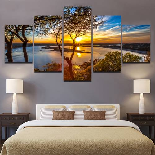5 panel sunrise landscape canvas wall art scenes with trees rivers mountains unframed home decor for living room or bedroom outdoor decor