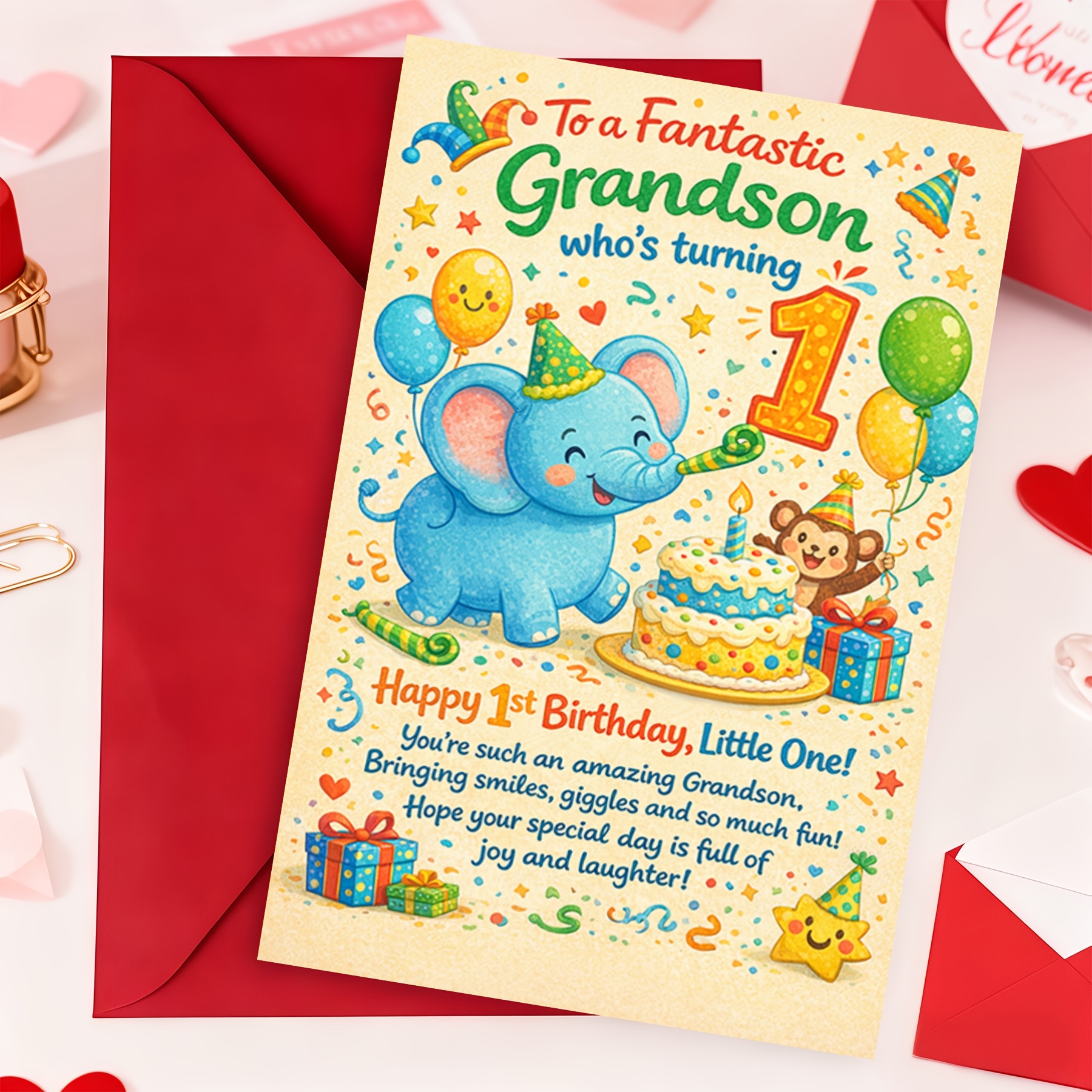 TEMU 1st Birthday Card For A Grandson, Featuring A , Monkey, Cake, Balloons, And Confetti, With Full Of Joy And .