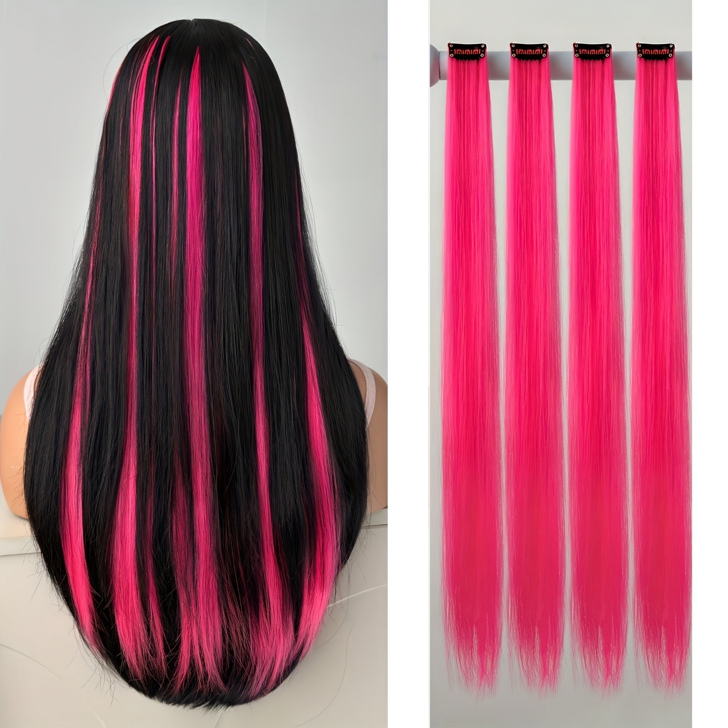 TEMU 4 pinzas para el cabello Y2K , extensión de cabello colorida de 20 pulgadas para fiestas, resaltos, cabello sintético largo y liso, adiciones de