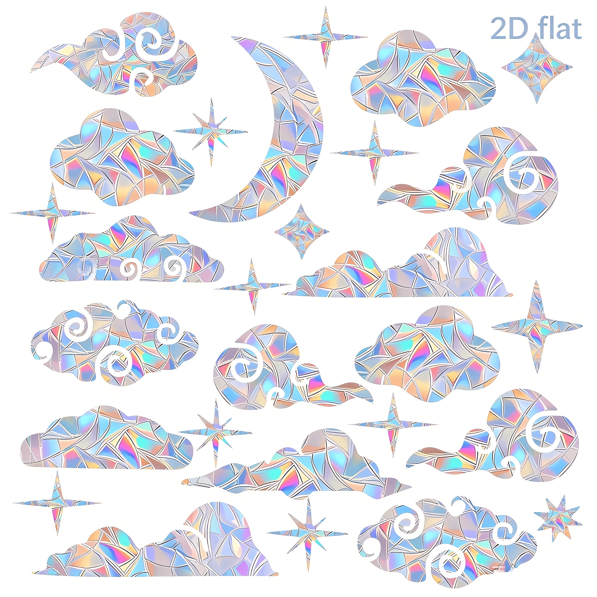 Image of 2d Flat - 2d Flat - 2d Flat 31pcs Cloud And Star Window Decals For Bird Strikes - Anti-collision Window Clings To Save Birds From Window Non Adhesive Prismatic Window Clings Rainbow Stickers
