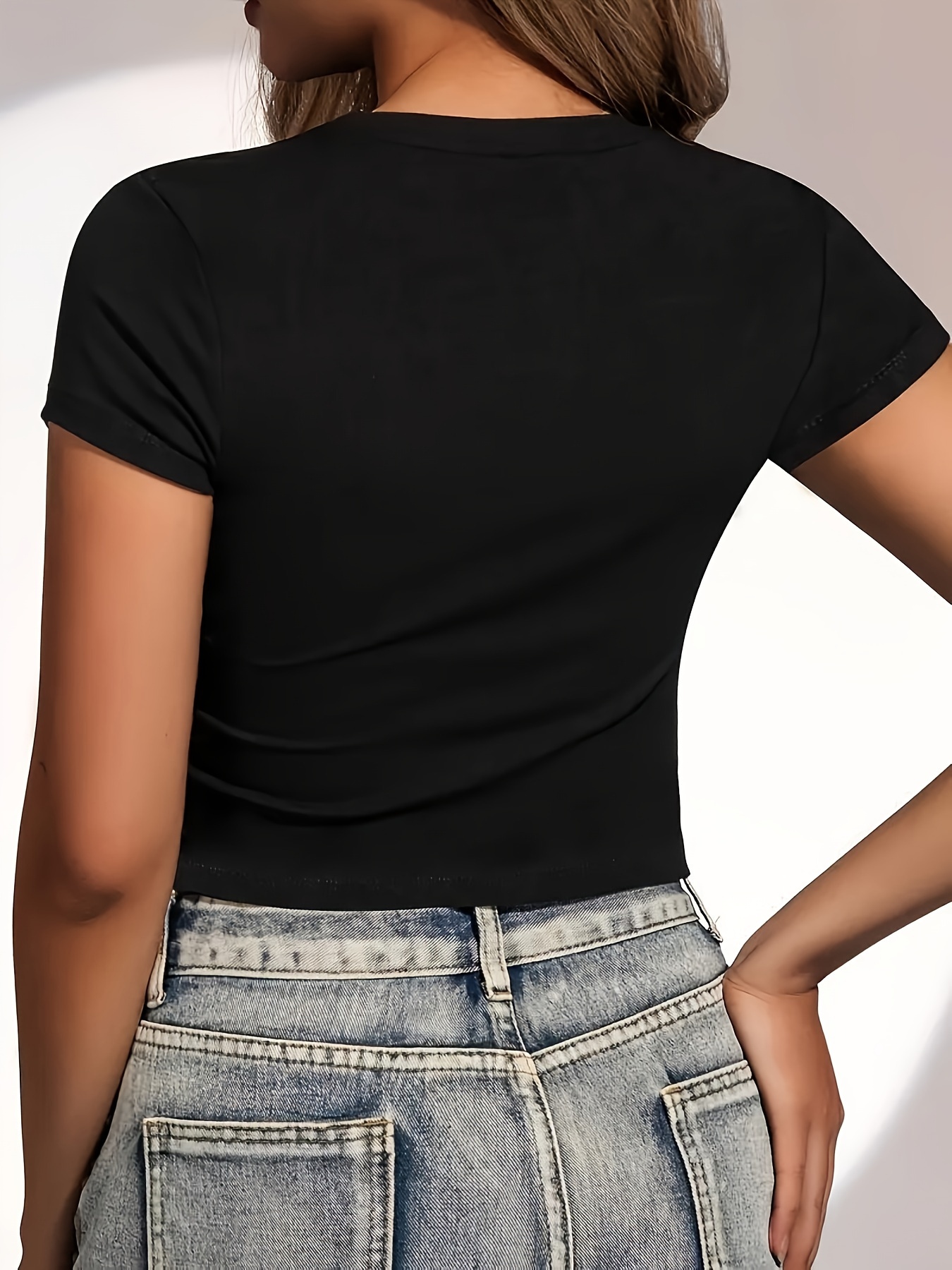 Solid Color Skinny Crop Top, Stylish Short Sleeve Crew Neck Top For Spring & Summer, Women's Clothing