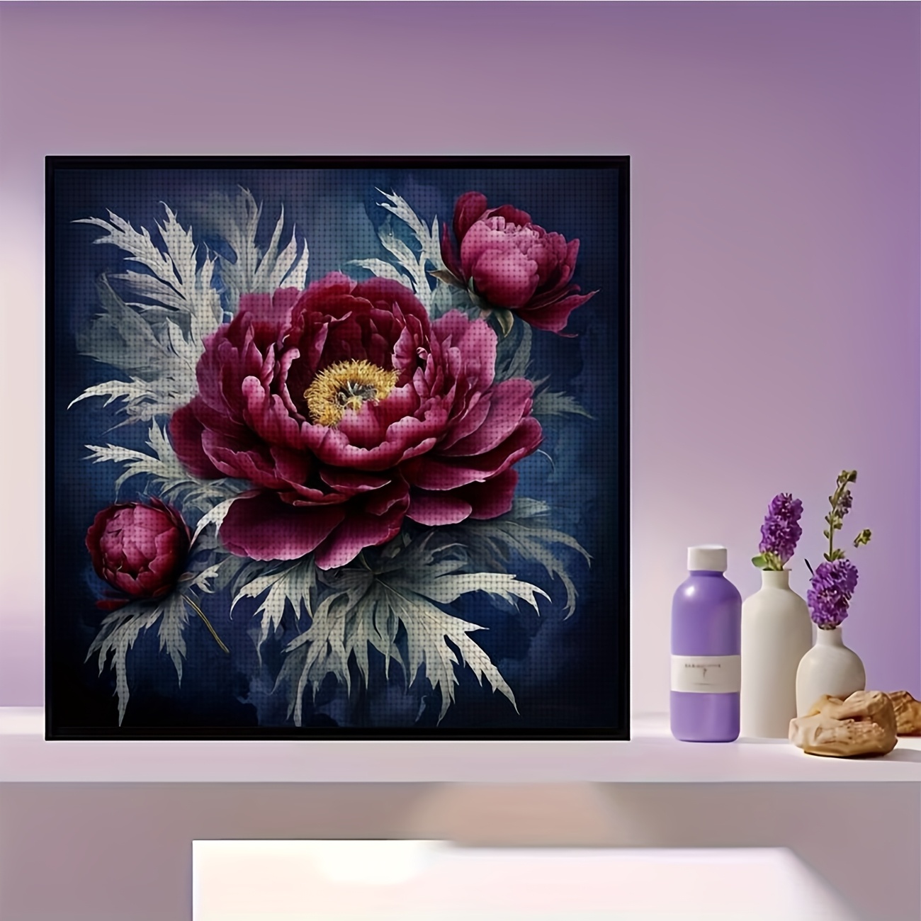 Frameless Printed DIY Cross Stitch Kit with Peony on Dark Background Design