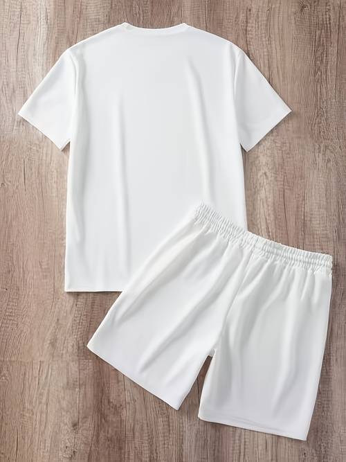 2pcs letter logo mens short sleeve casual t shirt and soft breathable loose shorts set