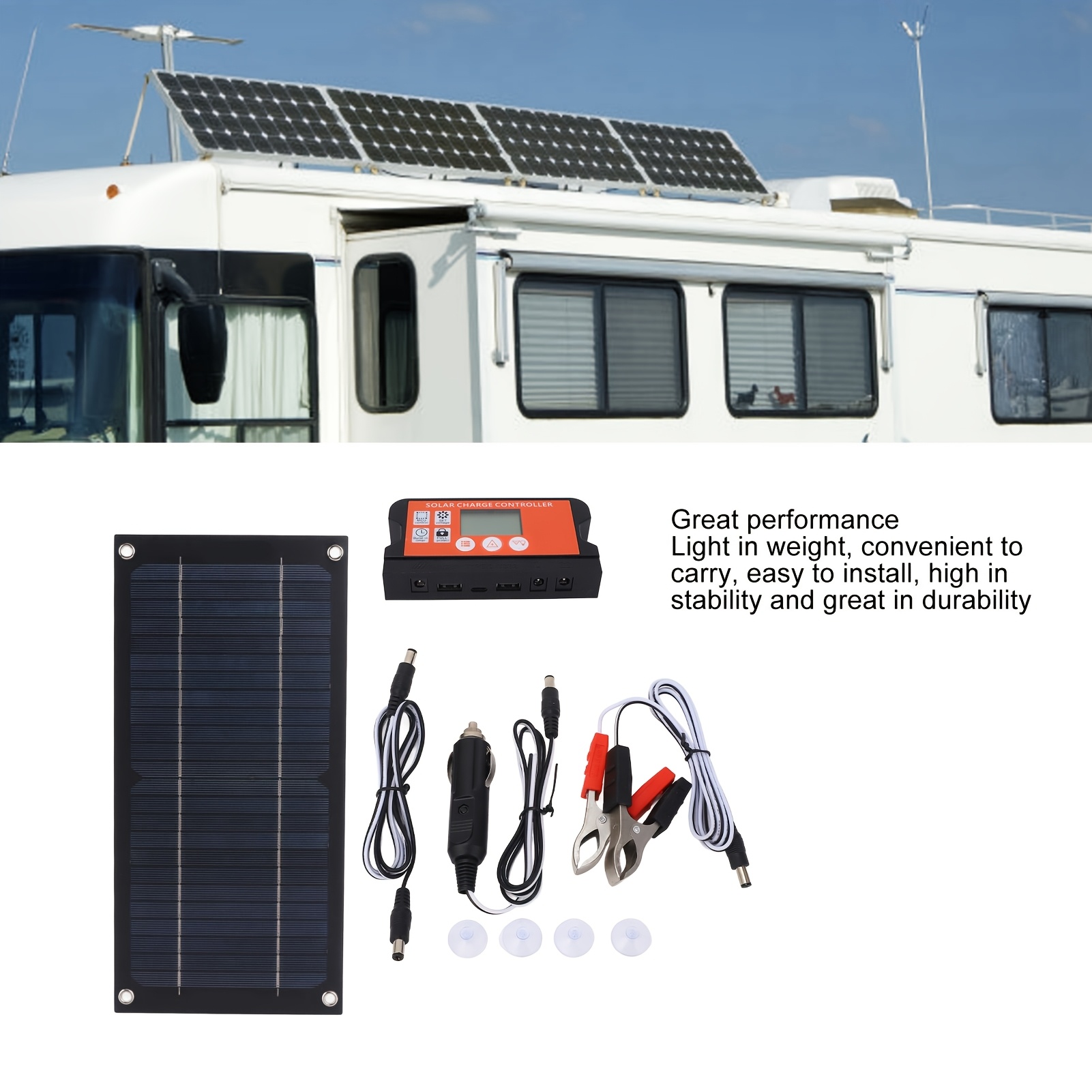 TEMU 2026 New 18v Monocrystalline Solar Panel Kit, High Efficiency Portable Solar Charger With 100a Charge Controller, Extension Cable& Battery