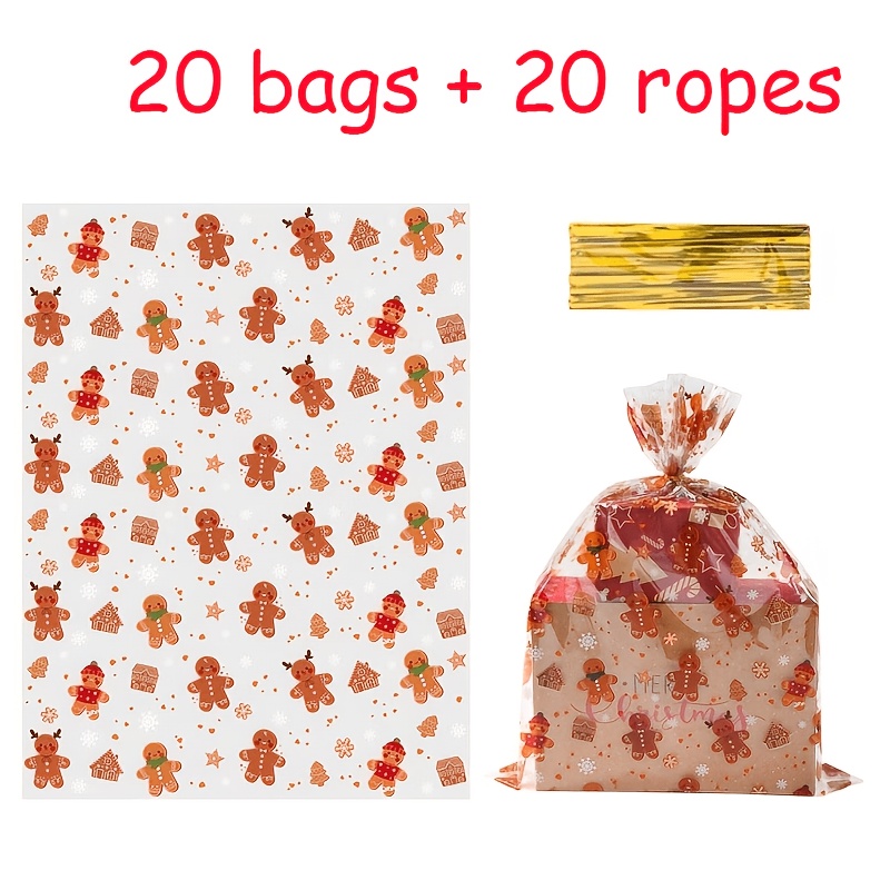 TEMU 40pcs Large Christmas Clear Gift Bags, 20 Bags + 20 Golden Twist Ties. Gingerbread-house Printed Transparent Bags, Christmas, Parties, Weddings