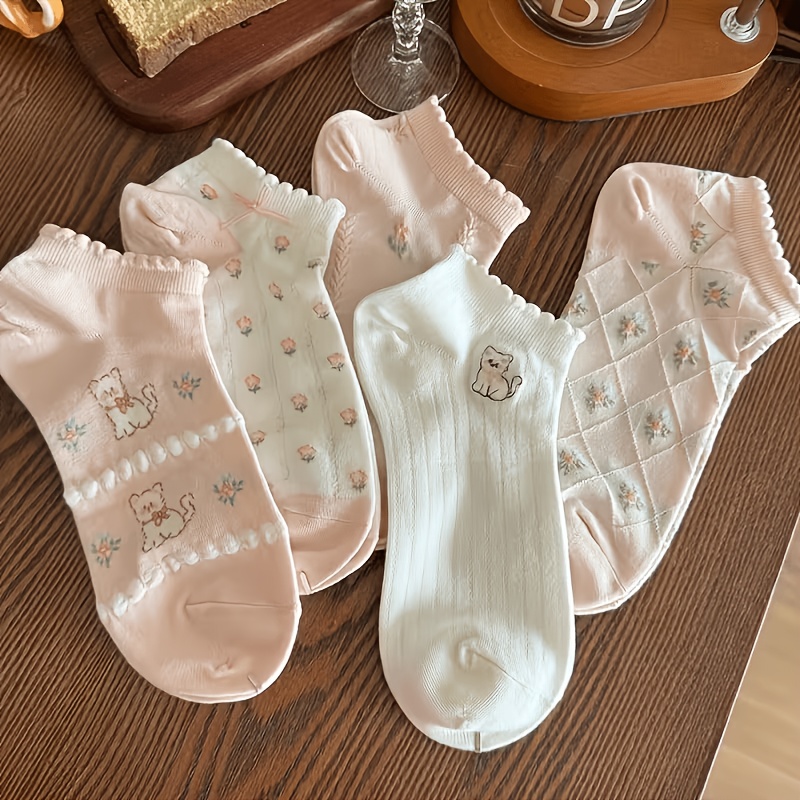 TEMU 5 Pairs Women's Pink Shallow Mouth Lace Comfortable Casual Short Socks