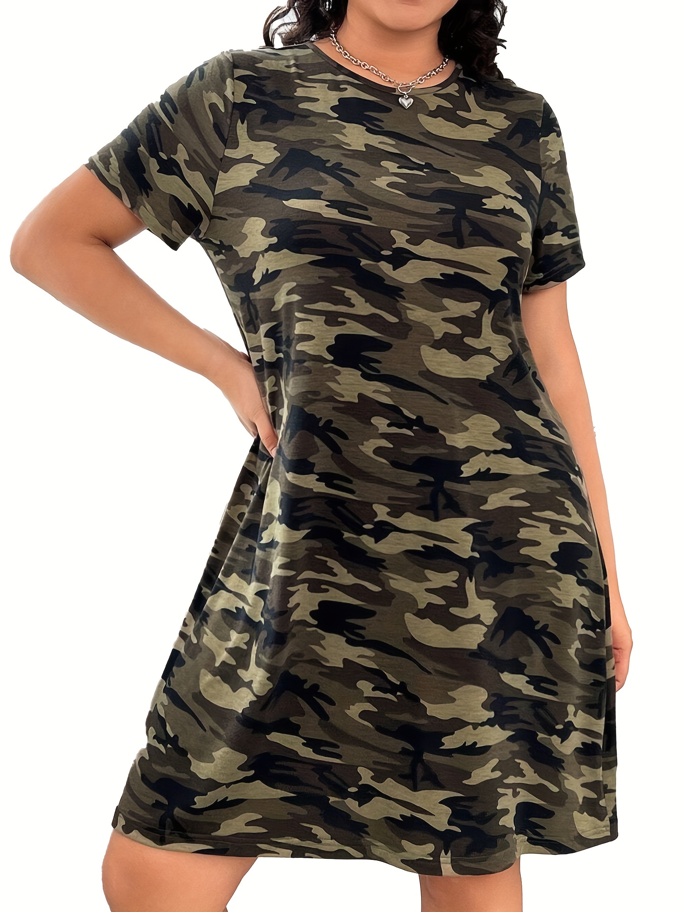 Plus Size Women's Camouflage Print Dress Elegant Short Sleeve Round Neck  Fitted Machine Washable Versatile Casual Formal Wear, Everyday