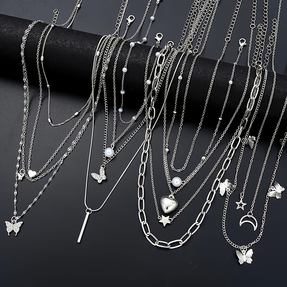 

13pcs Women' Chain Necklace Set, Simple And Elegant, Love, Five-pointed Star, Moon, Pearl Y-shaped Pendant Necklace, Suitable For Ramadan, Valentine's Day, Daily Dating, Vacation And Party