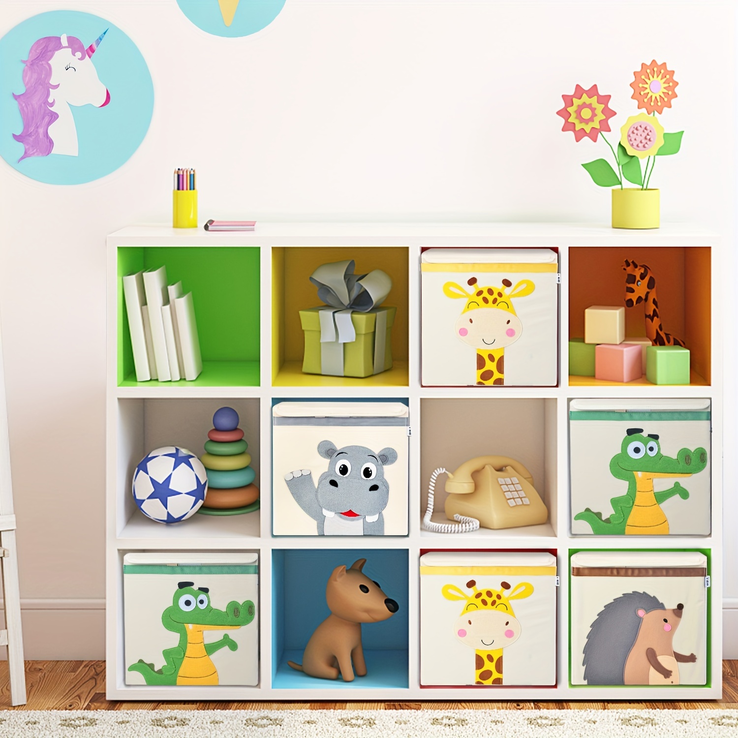 Foldable Cartoon Animal Storage Box with Lid and Handles, Large Capacity