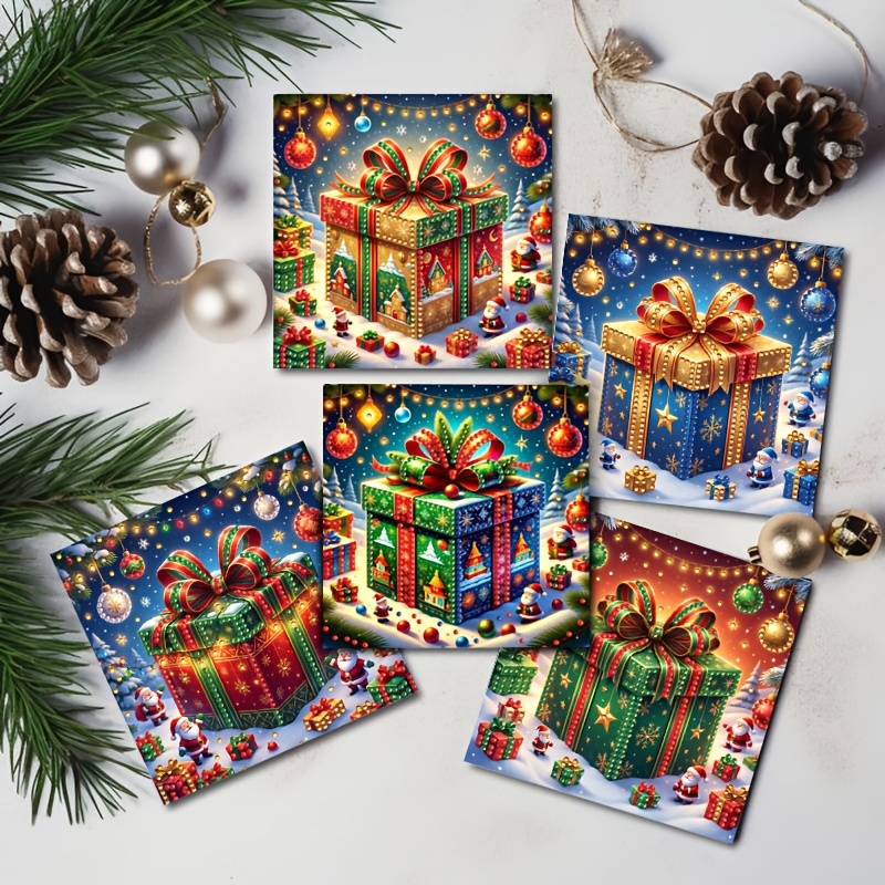 TEMU 6pcs 2d - Gift Christmas Gift Box Theme Diamond Painting Greeting Card Set, Irregular Rhinestone Painting Postcard Craft, Paper, Suitable For