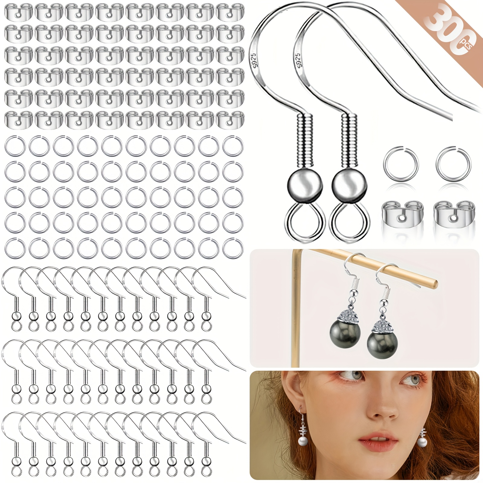 Image of 300pcs Hypoallergenic Earring Making Kit, With 100pcs/50 Pairs 925 Silver Plated Ear Wires Fish Hooks, 100pcs Jump Rings And 100pcs Ear Backs Stoppers (silvery,golden)