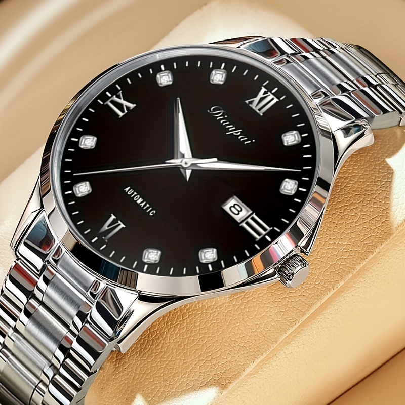 Image of Dianpai Men's Business Automatic Mechanical Watch, Slim Stainless Steel With Luminous Dial And Calendar, Ideal Gift For Men, Without Battery
