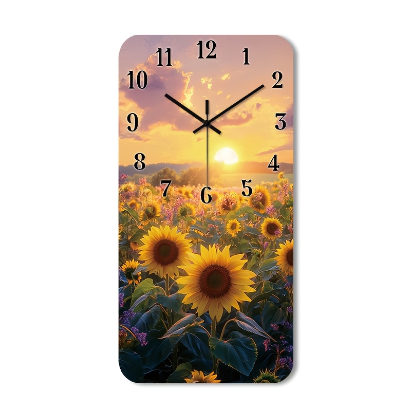 TEMU () 1pc Silent Wall Clock Non-ticking Wooden, Decorative Rectangular Clock Hd Glossy Lamination Finish Sunflower Field With Clock Numbers Overlay