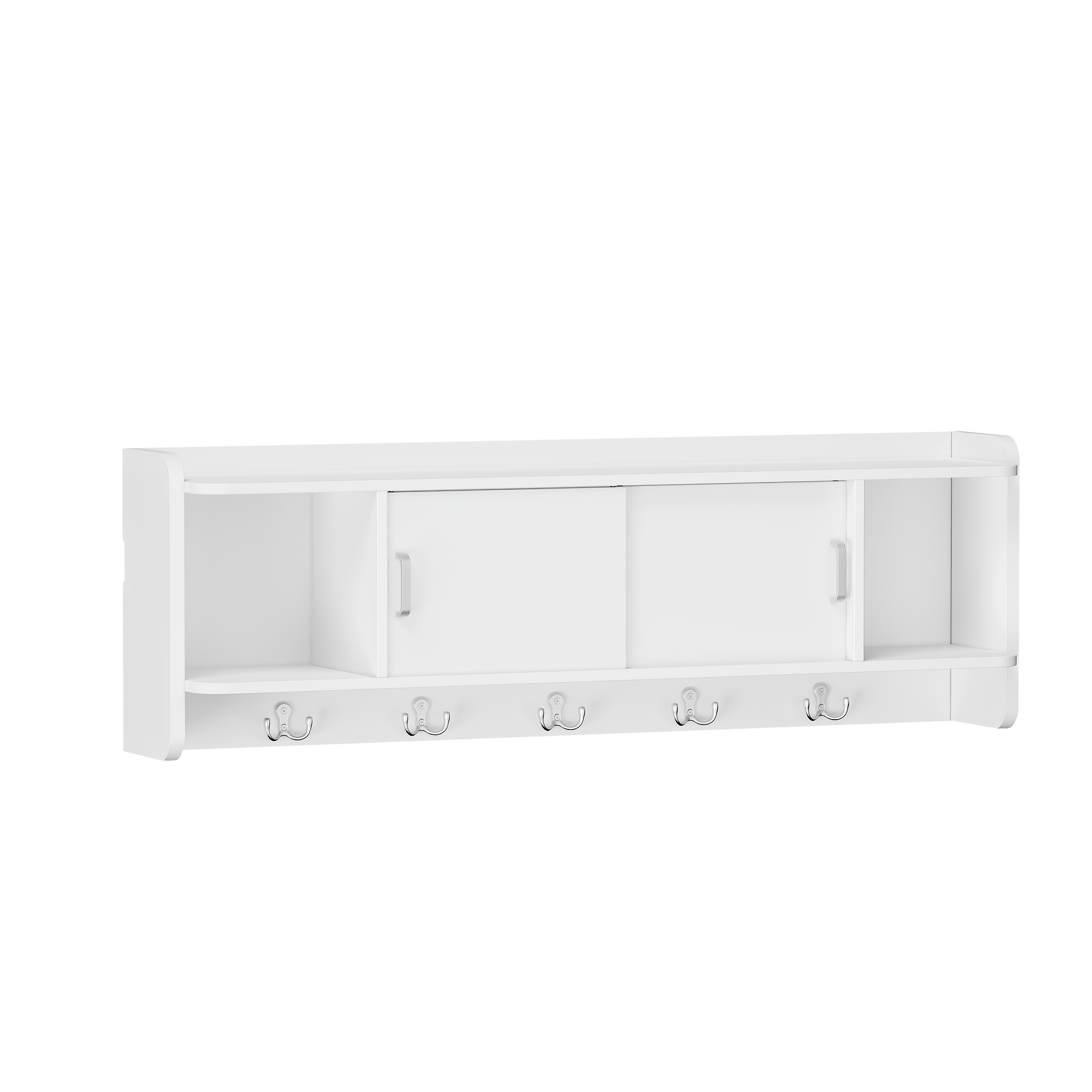 Image of Wall-mounted Coat Rack, Hallway Coat Rack With 4 Shelves And 5 Hooks, Wall Shelf With Sliding Door, Coat Rack, Clothes Rail, For Hallway, Bedroom, Living Room, 101 X 33 X 15cm, White