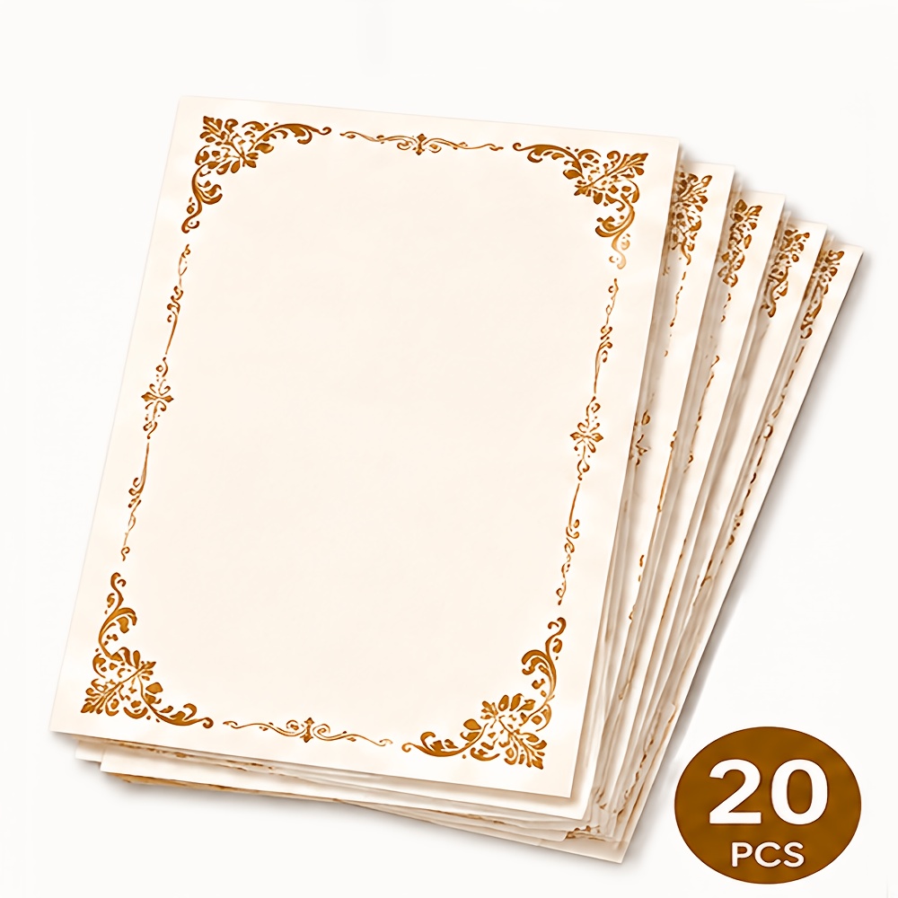 TEMU 20 feuilles de papier de bureau vintage avec une bordure dorée, papier à lettres décoratif pour lettres, invitations, remerciements, certificats
