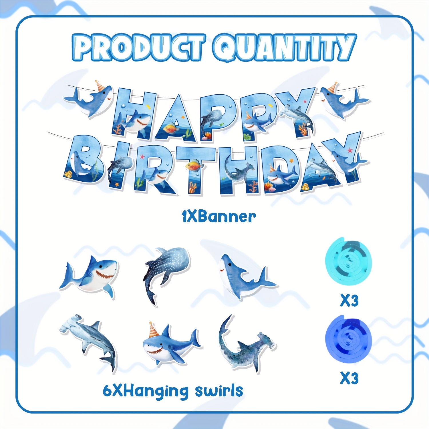 13pcs Supplies Set Includes Hanging Swirls Shark Happy Birthday Banner Hanging Cutouts Party Decorations
