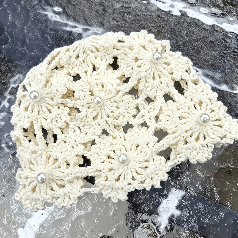 TEMU 1pc Beige Français Rétro Main Crochet Fleur Perle Plastique Creux Sac Tête Femme Été Mince Respirant Chapeau Visage