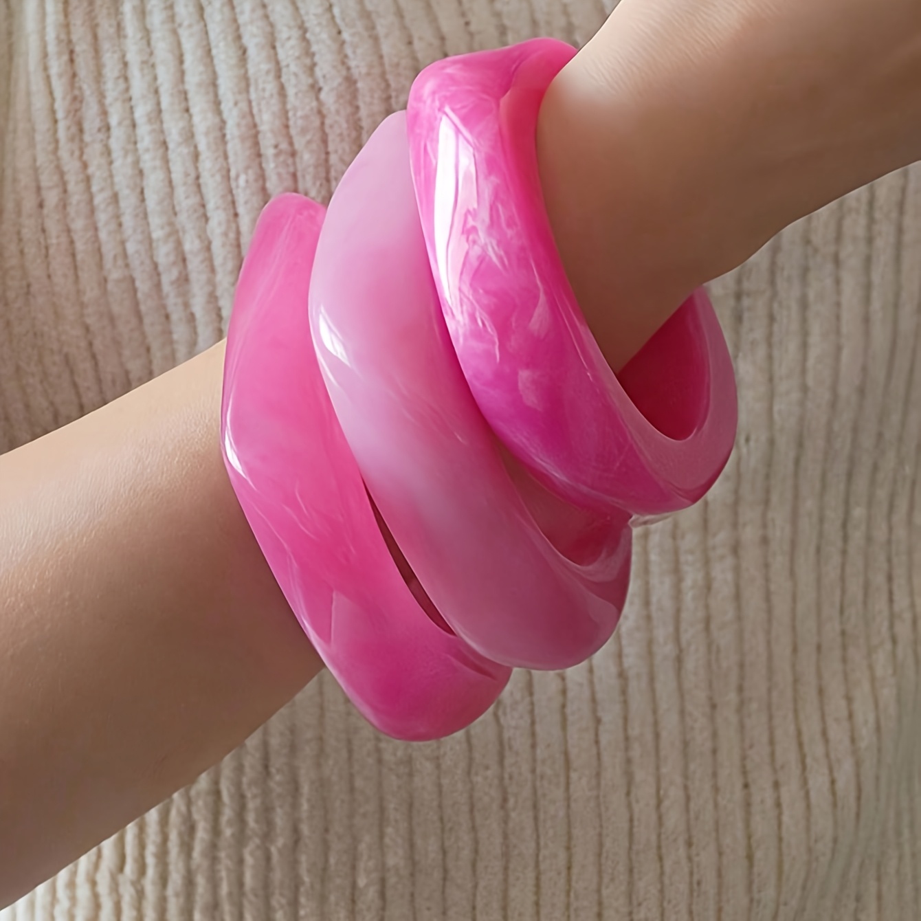 3pc Pink Square Resin Bracelet Set, Casual Gifting