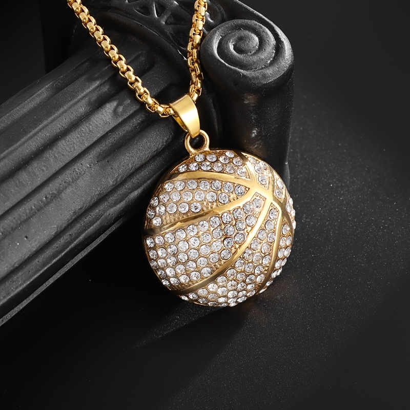 TEMU Chic Hip-hop Cubic Synthetic Synthetic Zircon Basketball Pendant Necklace, Punk Rock Style, Men's Ladies' Athletic And Casual Jewelry