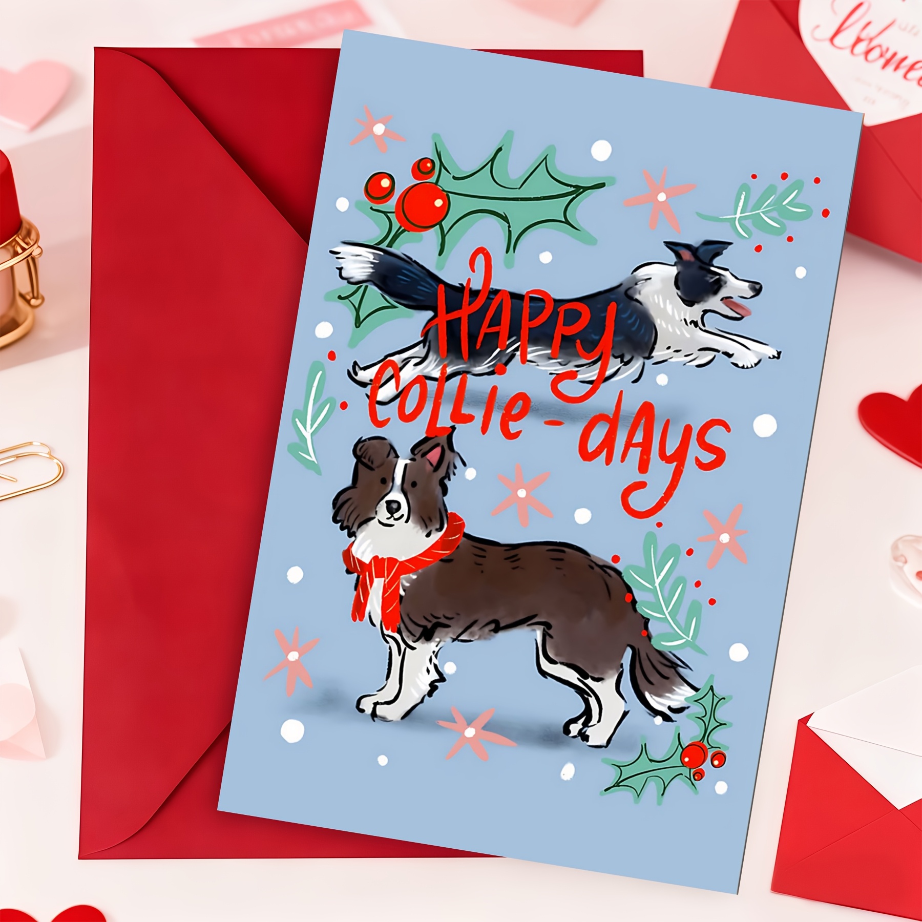 TEMU Border Collie "happy Collie-days" Christmas Card, Dog Lover Pun Holiday Greeting Card, Festive Pet Christmas Card With Envelope