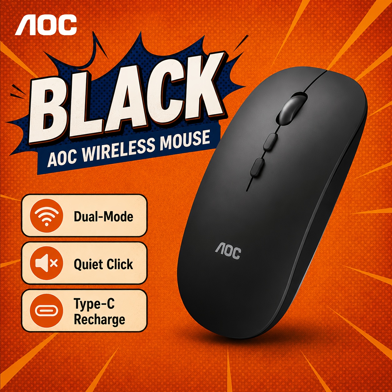 Aoc Wireless Mouse, Wireless 5.0 + 2.4g Usb, Silent Click, 1600 Dpi Adjustable, Type-c Rechargeable, Ultra-thin Portable Office Mouse For Laptop/pc/ /windows
