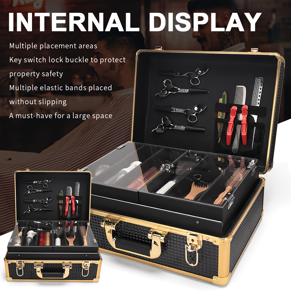 professional hair styling kit luxurious golden and black travel case for hairdressers includes scissors combs brushes and more details 12