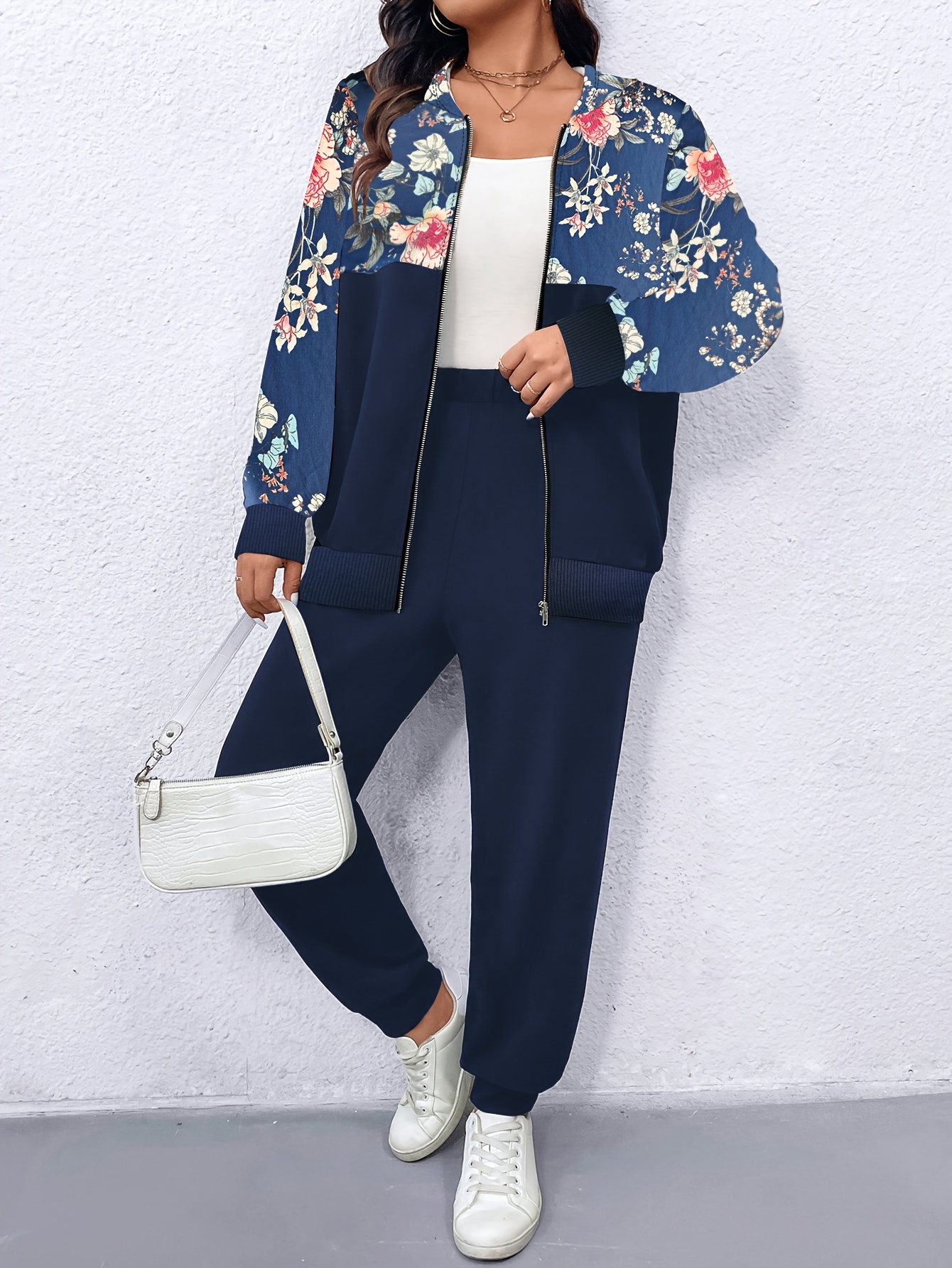 womens plus size floral print hoodie joggers set casual zip Temu