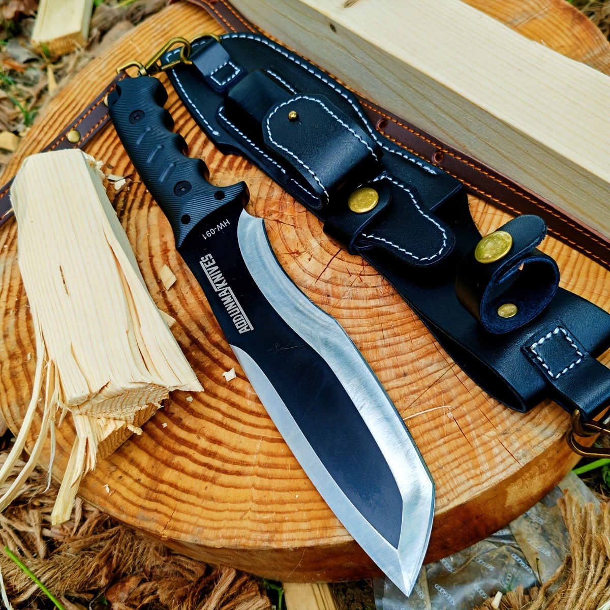 

Stainless Steel Multi- Outdoor Survival Knife - Straight Blade With Black Leather Sheath & Golden Rivets For Camping, , And Garden , Camping Accessories