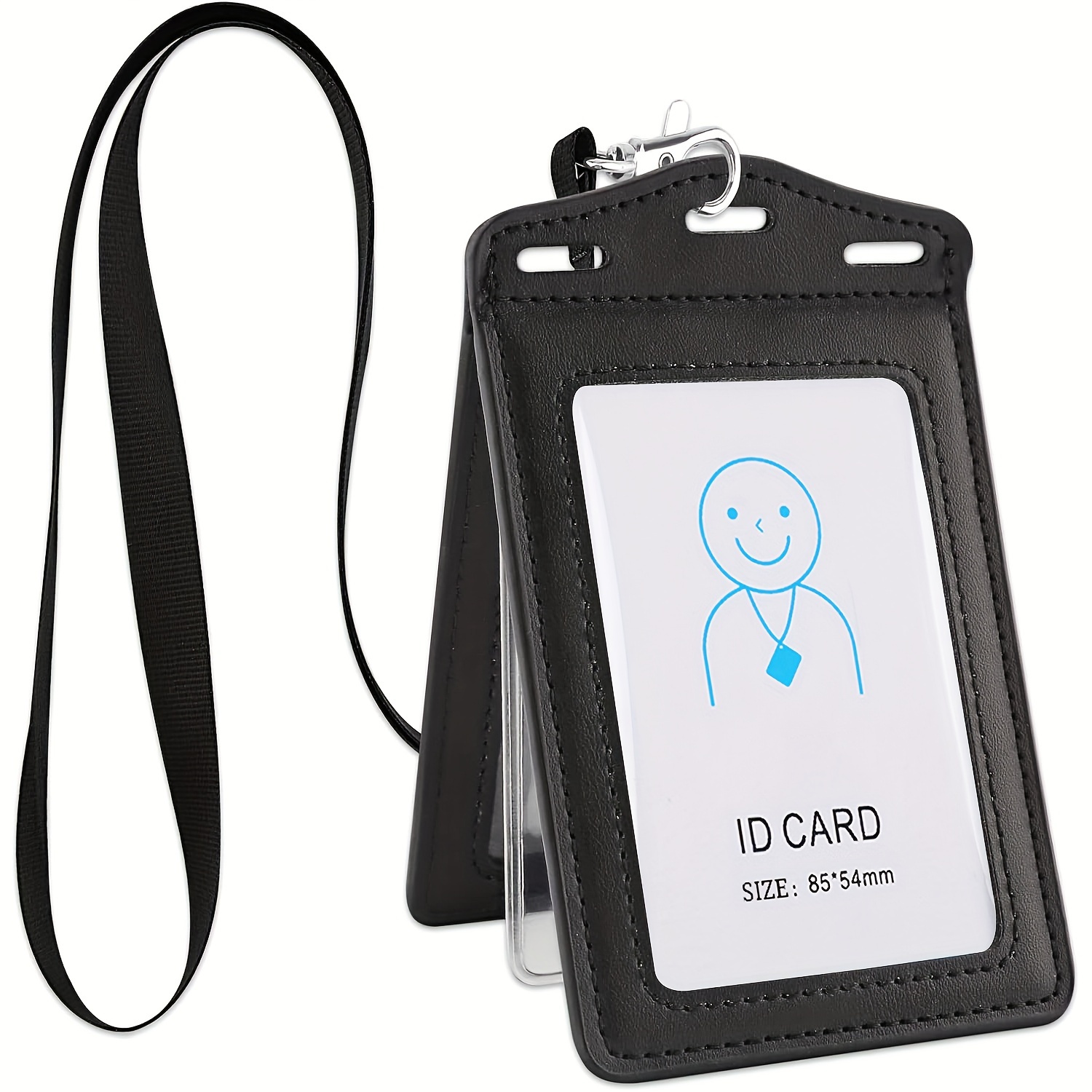 Badge Holder Trifold Leather Card Holder With Window And Detachable Lanyard For Business Worker Black