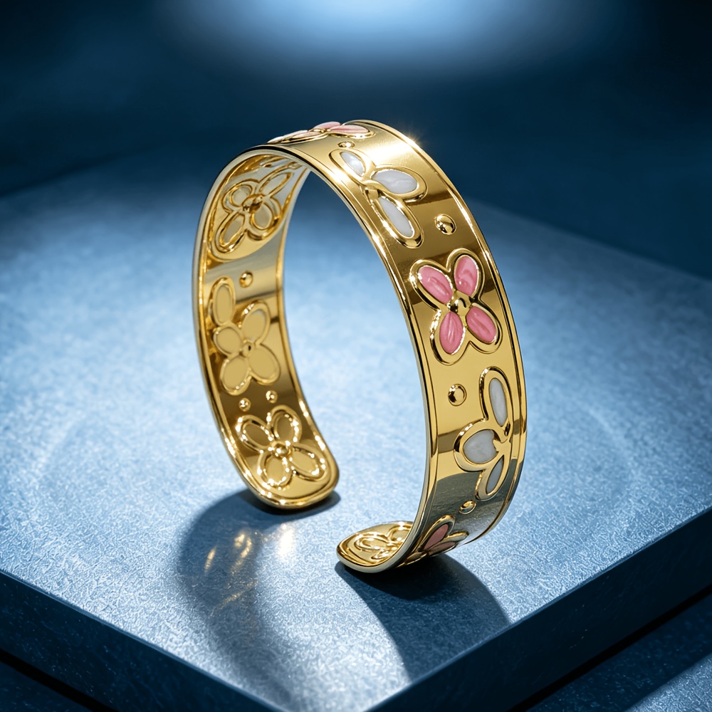 Women's Embossed Floral Enamel Golden Tone Open Cuff Bangle