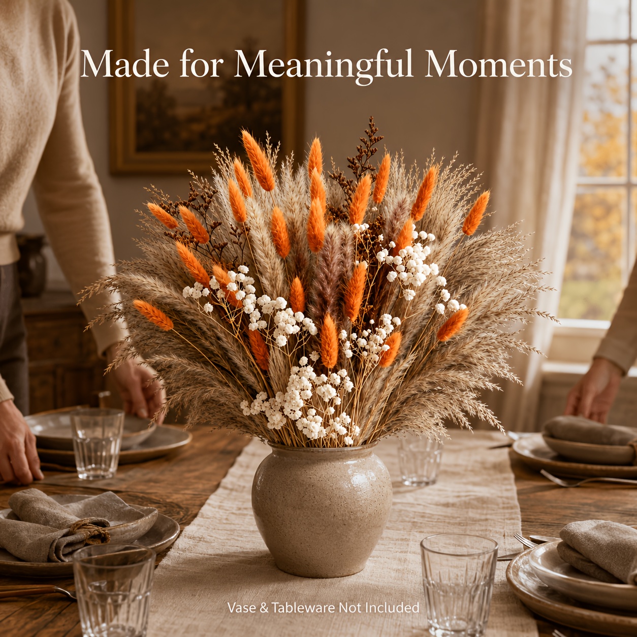 Image of 91pcs Natural Pampas Grass, Fall Decor Autumn Decorations For Home Thanksgiving Table Boho Flowers Orange Pampas Grass Fluffy Dried Flower Bouquet Dry Pompas