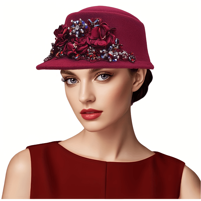 Vintage Elegant Floral Embellished Hat - Burgundy Wine/burgundy wool flapper cloche hat Greta Garbo style with  main image 2