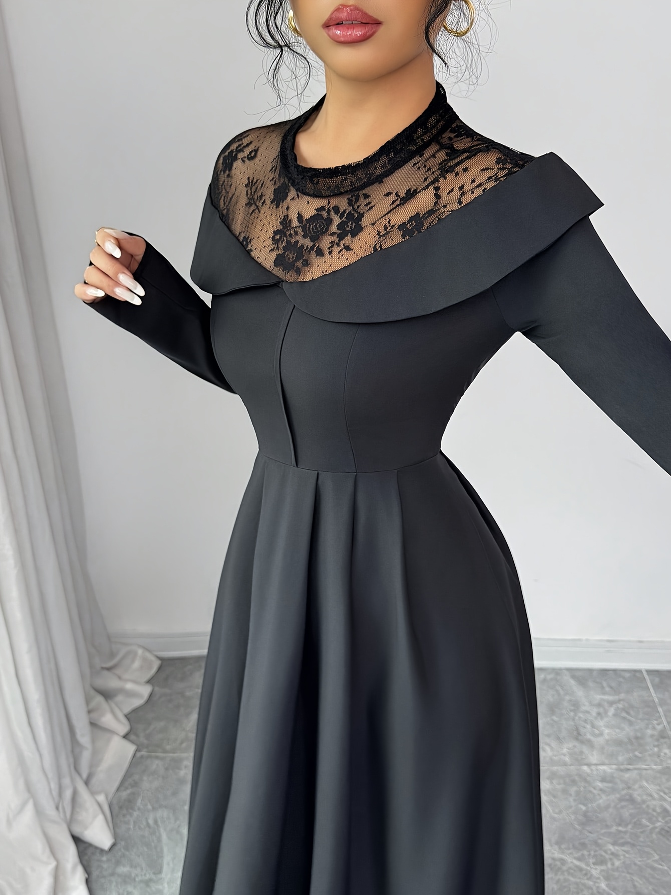 s elegant white a line maxi dress with mesh panel lace like sheer back long sleeve length wedding guest gown round neck formal evening dress machine washable no stretch Product details 1