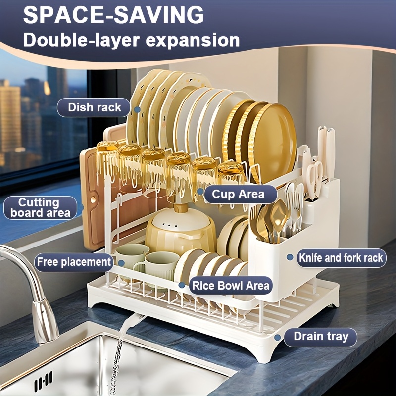 heavy duty stainless steel dish drying rack space saving two tier countertop organizer with 360 drainage system plate bowl cup utensil holders compact sink rack for modern kitchen easy to clean dish drying rack for kitchen counter clean dish storage   water drainage   cleaning system Product details 8