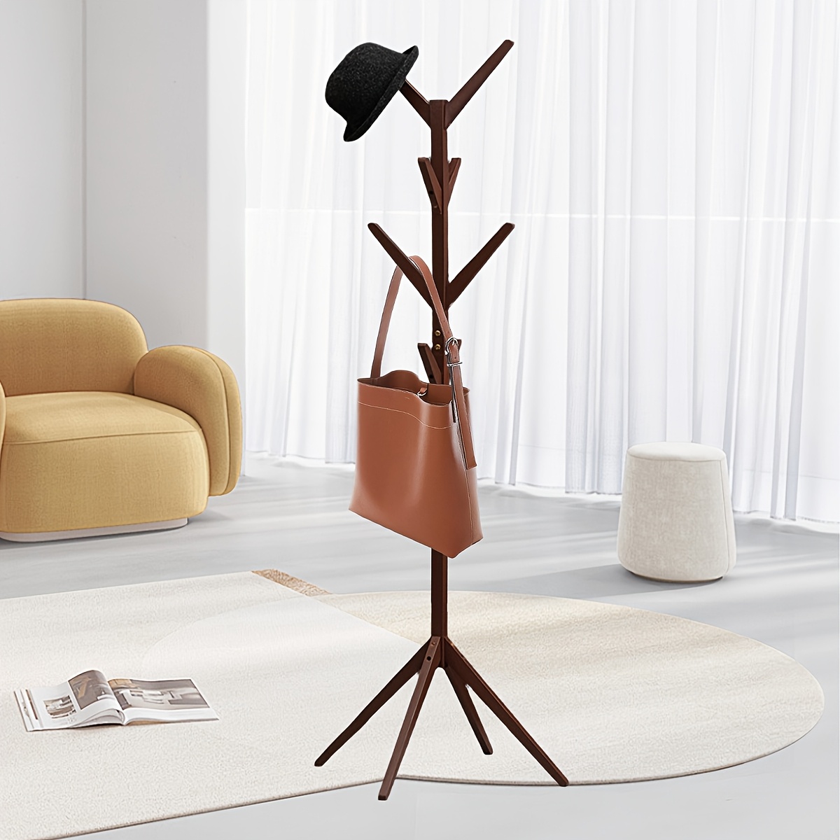 compact freestanding tree shaped pine wood coat stand hook