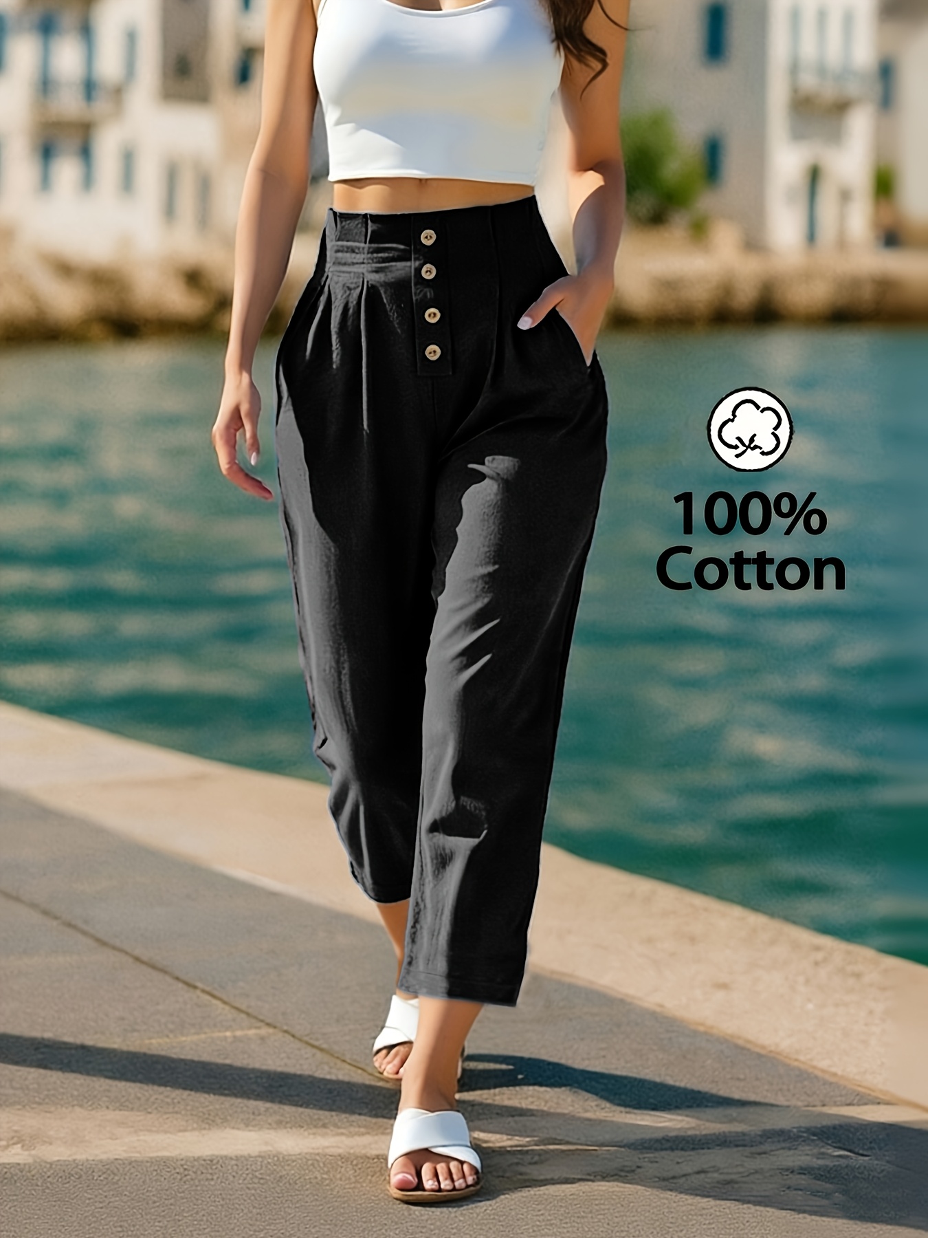 womens pure high waisted tapered straight pants loose fitting and flattering casual trousers featuring a single row of buttons and versatile fabric